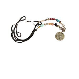 Bohemian Beaded Necklace Colorful Stones Black Leather Silver Tone Pendant Adj